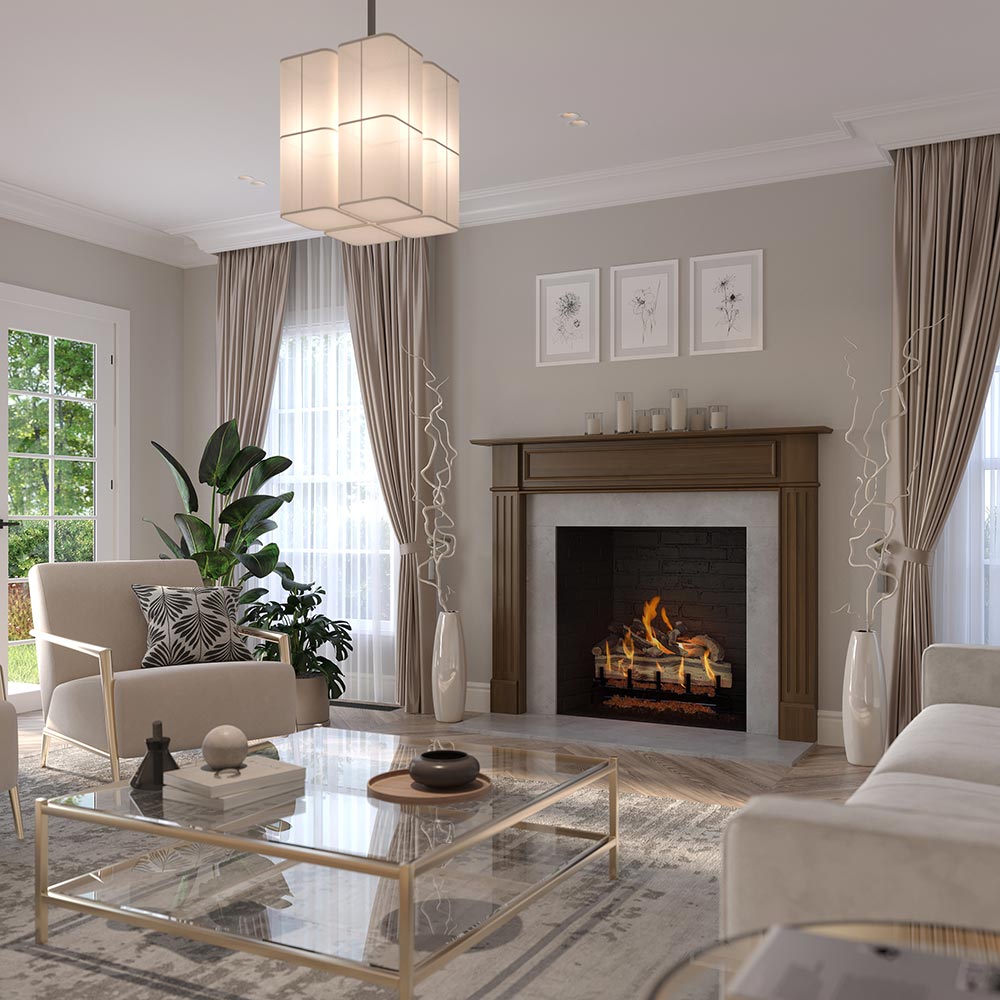 Eastfield Wood Mantel - Provincial Stain, Grey Linen Facing