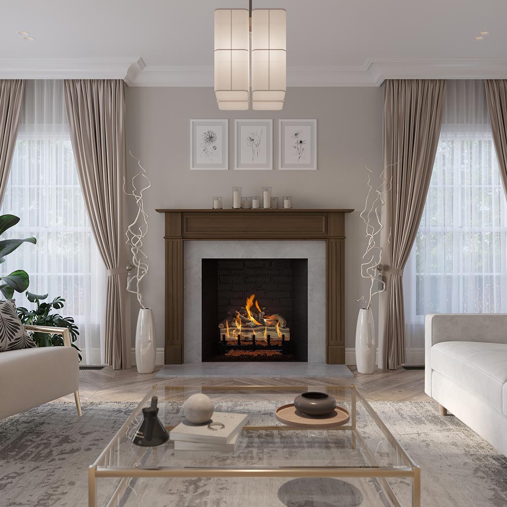Eastfield Wood Mantel - Provincial Stain, Grey Linen Facing