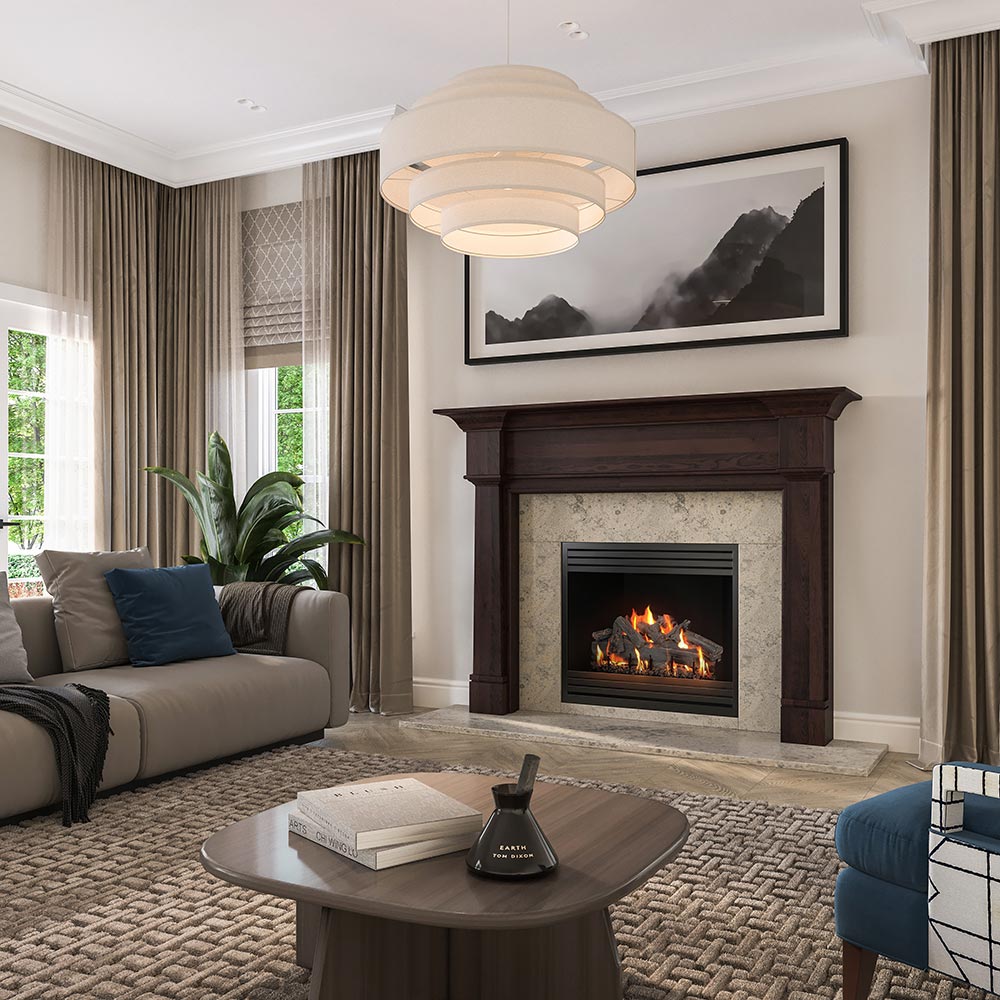 Grant Wood Mantel - Chocolate Stain, Celtic Blue Facing