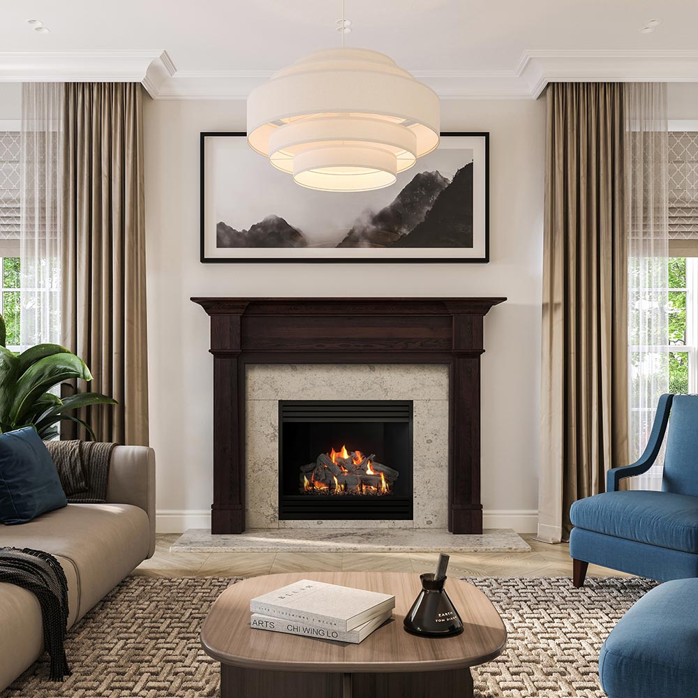 Grant Wood Mantel - Chocolate Stain, Celtic Blue Facing