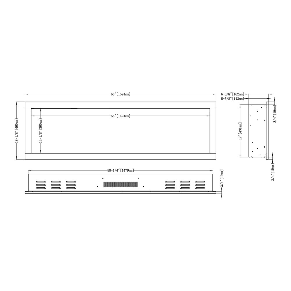 Modern Ember 60-in Highmark Linear Electric Fireplace - ME-HM60 - Dimensions