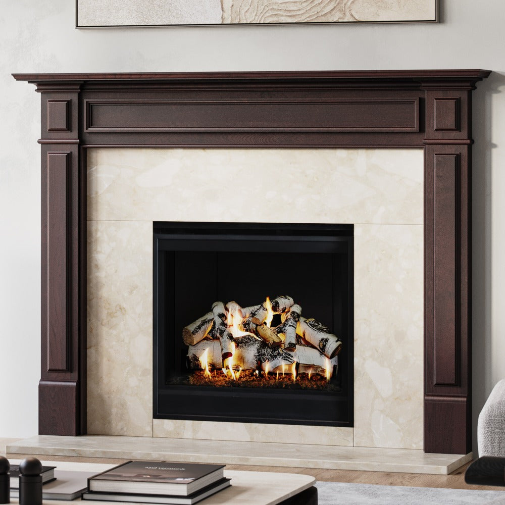 Riversdale Wood Mantel - Red Mahogany Stain, Botticino Agglomerate Facing