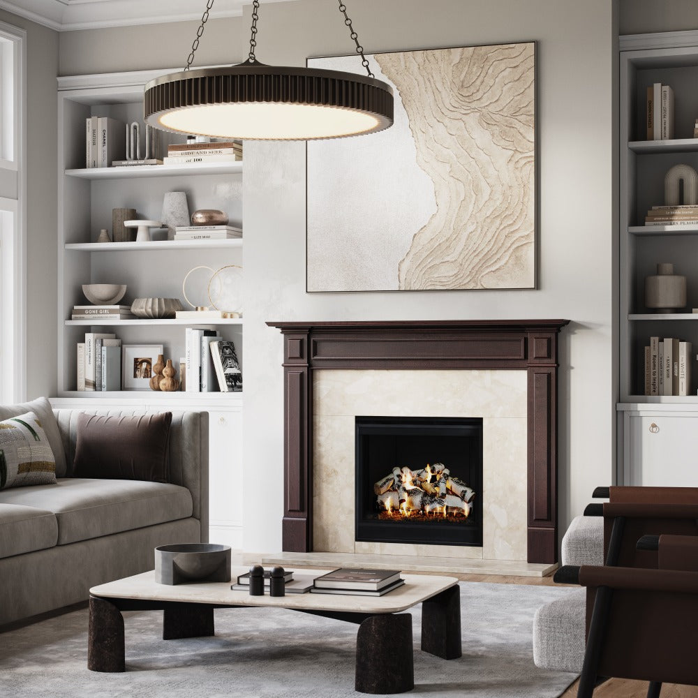 Riversdale Wood Mantel - Red Mahogany Stain, Botticino Agglomerate Facing