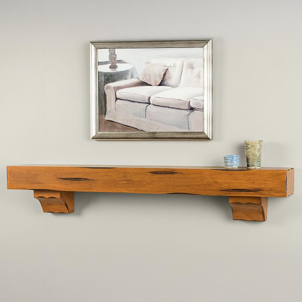 Breckenridge Wood Mantel Shelf in Chestnut Rustic Distressed w/ Optional Corbels (included)